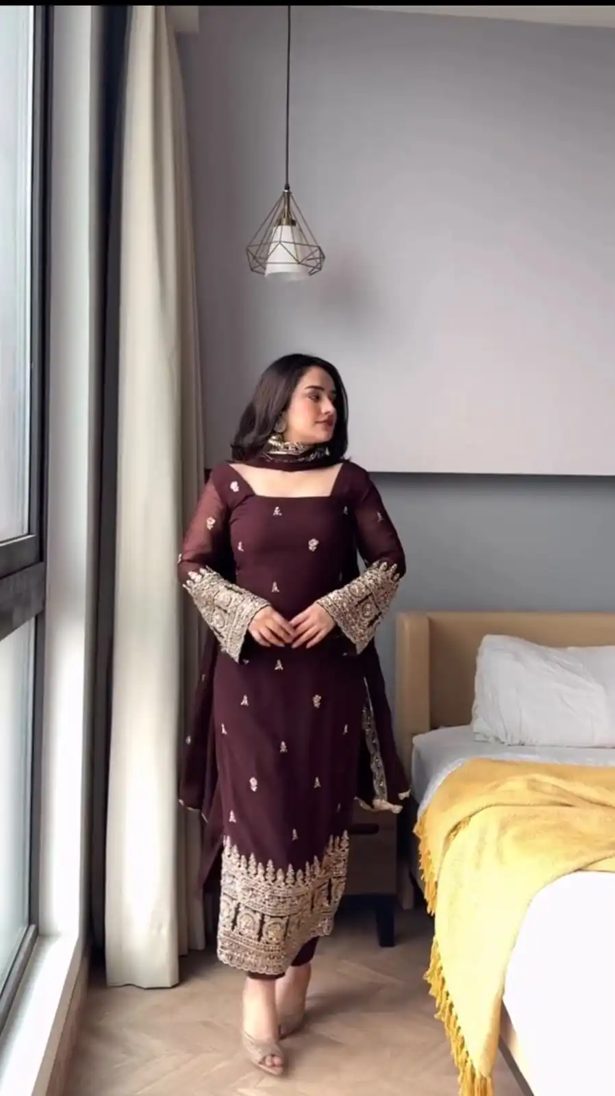 KD 1548 | Brown Faux Georgette Salwar Suit with Lace Work & Lace Border. Festive Deal ₹2049. Delivery 4-6 Working Days. Shop now. | Jump Suits, Salwar suit, Casual Suits, Creative suits, Designer Suits, Palazzo Suits, Party Wear Suits, Patiala Suits, Straight Suits
