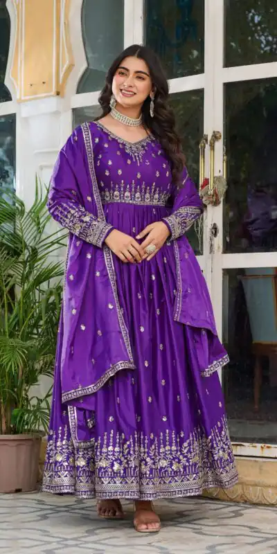 SP 12 Purple in American Silk Sequins Work & Thread Embroidery Gown . Introductory Price ₹2399. Delivery 4-6 Working Days. Shop now. | Gowns, Bollywood Gowns, Creative Gowns, Designer Gowns, Embroidered Gowns, Party Wear Gowns