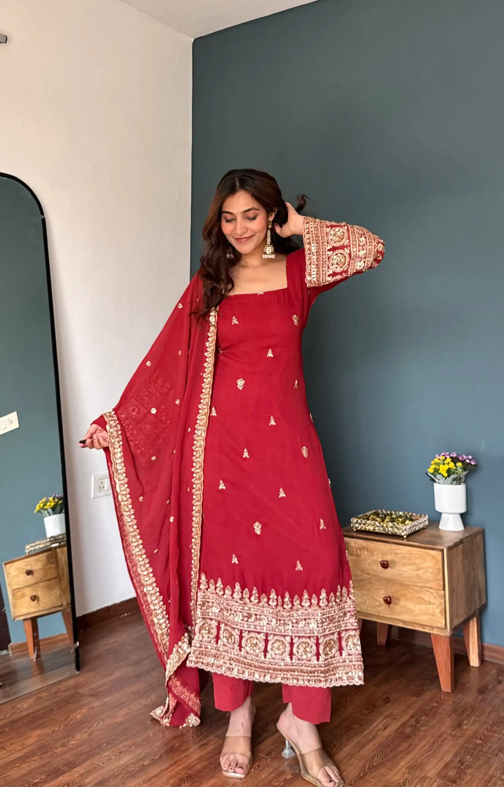 KD 1548 Red | Red Faux Georgette Salwar Suit with Lace Work & Lace Border. Festive Deal ₹2049. Delivery 4-6 Working Days. Shop now. | Jump Suits, Salwar suit, Casual Suits, Creative suits, Designer Suits, Palazzo Suits, Party Wear Suits, Patiala Suits, Straight Suits