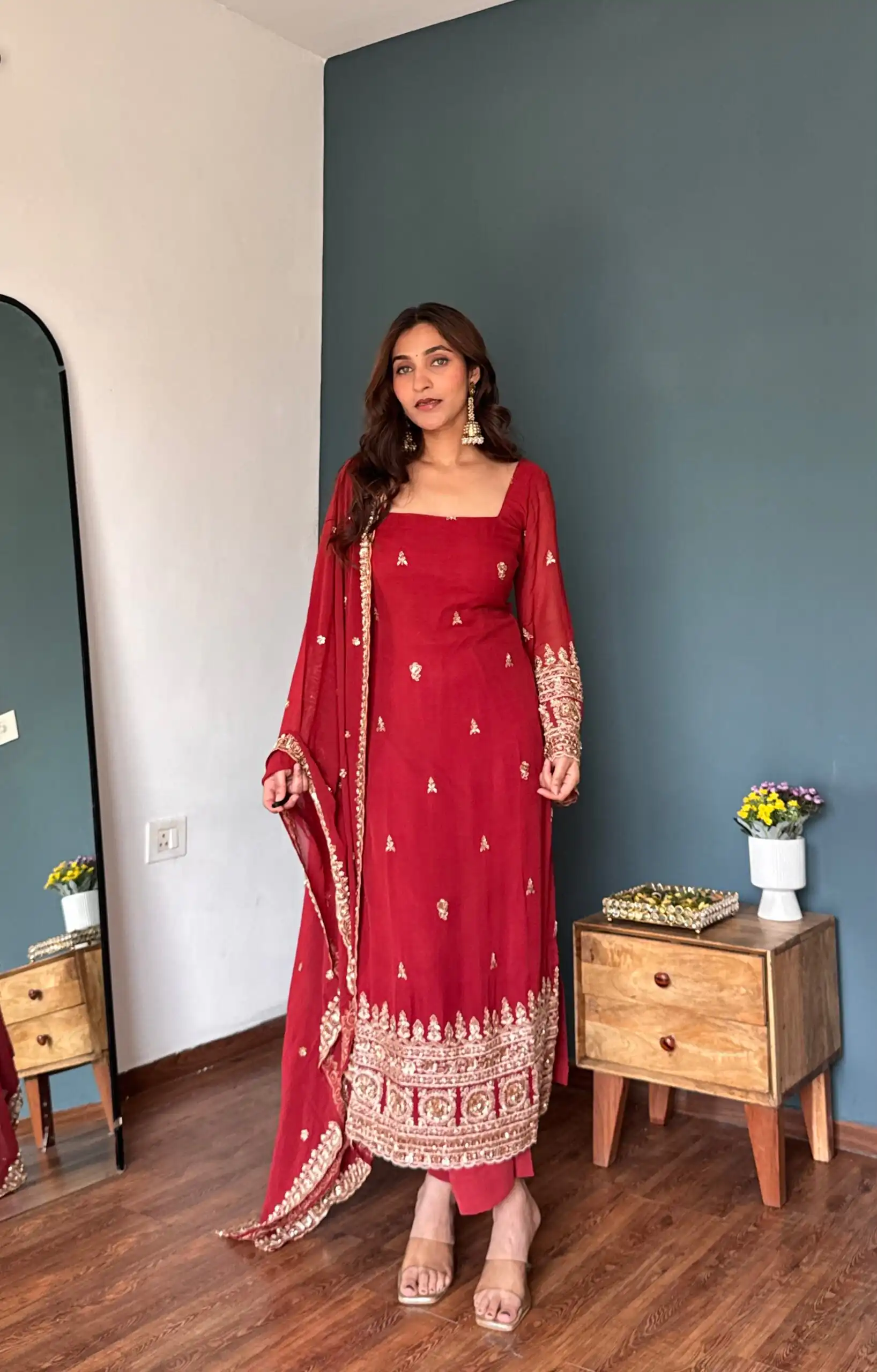 KD 1548 Red | Red Faux Georgette Salwar Suit with Lace Work & Lace Border. Festive Deal ₹2049. Delivery 4-6 Working Days. Shop now. | Jump Suits, Salwar suit, Casual Suits, Creative suits, Designer Suits, Palazzo Suits, Party Wear Suits, Patiala Suits, Straight Suits