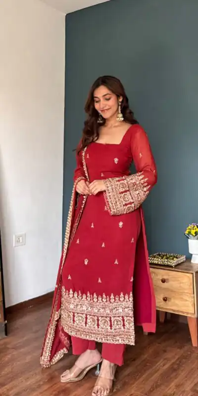 KD 1548 Red | Red Faux Georgette Salwar Suit with Lace Work & Lace Border. Festive Deal ₹2049. Delivery 4-6 Working Days. Shop now. | Jump Suits, Salwar suit, Casual Suits, Creative suits, Designer Suits, Palazzo Suits, Party Wear Suits, Patiala Suits, Straight Suits