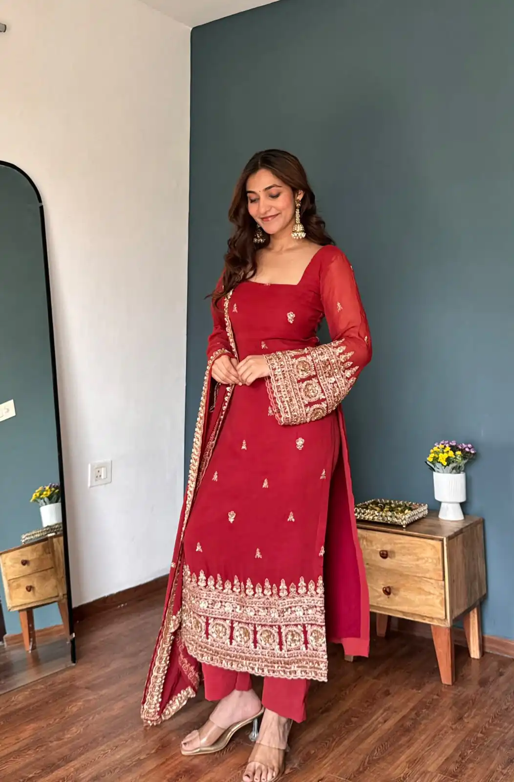 KD 1548 Red | Red Faux Georgette Salwar Suit with Lace Work & Lace Border. Festive Deal ₹2049. Delivery 4-6 Working Days. Shop now. | Jump Suits, Salwar suit, Casual Suits, Creative suits, Designer Suits, Palazzo Suits, Party Wear Suits, Patiala Suits, Straight Suits