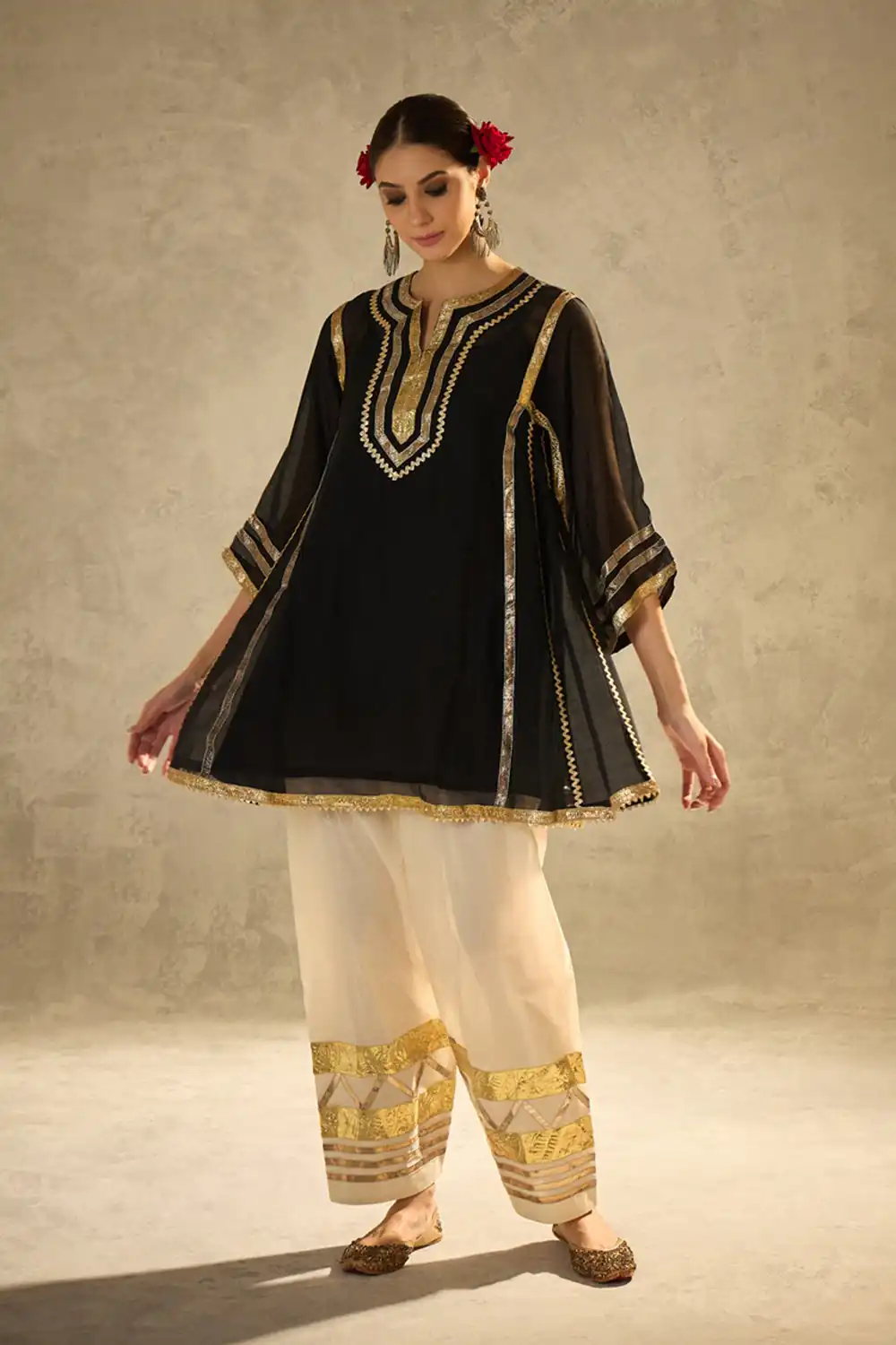 ST 1169 Black Black Chinon Salwar Suit with Gotta Patti Work. Available at ₹1849 only. Delivery 4-6 Working Days. Shop now. | Jump Suits, Salwar suit, Casual Suits, Creative suits, Designer Suits, Palazzo Suits, Party Wear Suits, Patiala Suits, Straight Suits