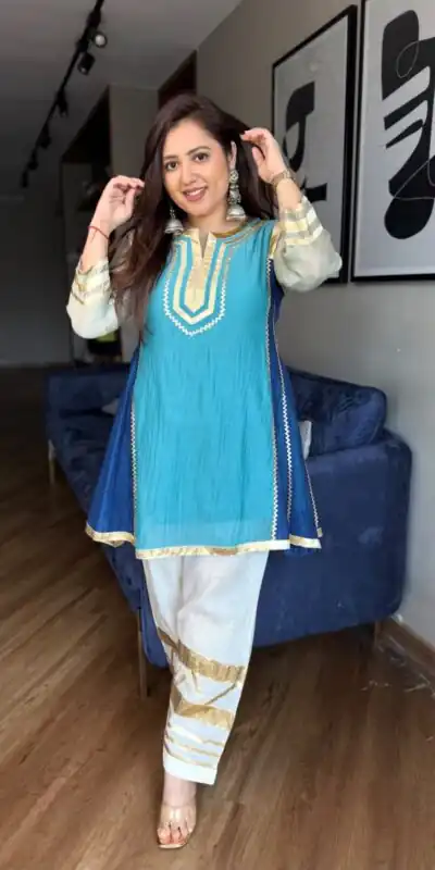 ST 1169 Blue Color Chinon Salwar Suit with Gotta Patti Work. Available at ₹1849 only. Delivery 4-6 Working Days. Shop now. | Jump Suits, Salwar suit, Casual Suits, Creative suits, Designer Suits, Palazzo Suits, Party Wear Suits, Patiala Suits, Straight Suits