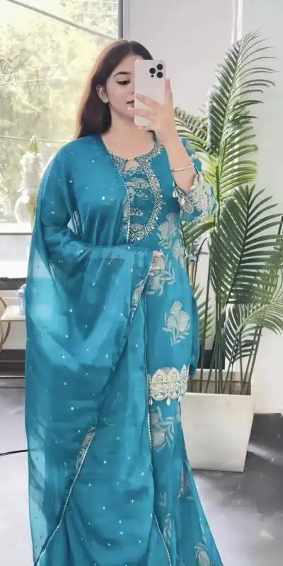 NSR 900 Sky Blue Faux Georgette Salwar Suit with Sequins Work & Embroidery Work. Now at just ₹2150. Delivery 4-6 Working Days. Shop now. | Jump Suits, Salwar suit, Casual Suits, Creative suits, Designer Suits, Palazzo Suits, Party Wear Suits, Patiala Suits