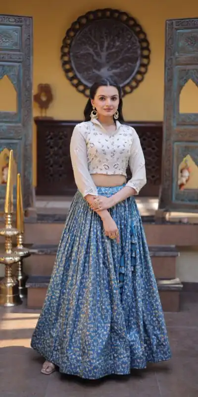 KA 5070 Teal | Cosmos Lehenga Choli with Embroidery Work & Bead Work. Available at ₹2599 only. Delivery 4-6 Working Days. Shop now. | Lehenga, Bollywood Lehenga, Creative Lehenga, Designer Lehenga, Embroidered Lehenga, Party Wear Lehenga