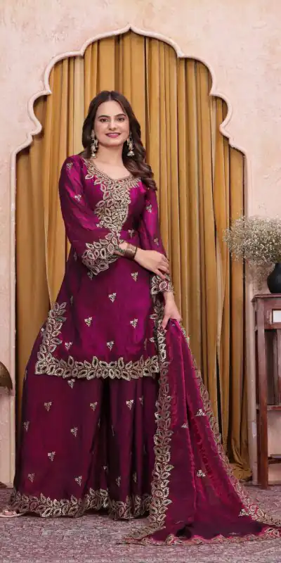 FE 141 Wine Fendy Silk Salwar Suit with Mirror Work & Embroidery Work. Best Price ₹2449. Delivery 4-6 Working Days. Shop now. | Jump Suits, Salwar suit, Casual Suits, Creative suits, Designer Suits, Palazzo Suits, Party Wear Suits, Patiala Suits, Straight Suits