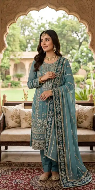 ZSR 3175 Blue Fox Georgette Salwar Suit with Embroidery Work & Sequins Work. Grab it for ₹2399. Delivery 4-6 Working Days. Shop now. | Jump Suits, Salwar suit, Casual Suits, Creative suits, Designer Suits, Palazzo Suits, Party Wear Suits, Patiala Suits, Straight Suits