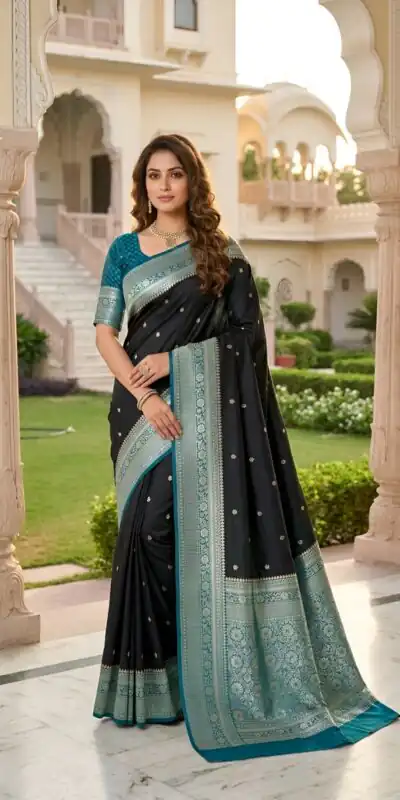 MB 6079 Black Soft Banarasi Silk Saree with Zari Work & Moti Work. Introductory Price ₹1949. Delivery 4-6 Working Days. Shop now. | Sarees, Bollywood Sarees, Creative Sarees, Designer Sarees, Embroidered Sarees, Ethnic Saree, Modern Digital sarees, Party Wear Sarees