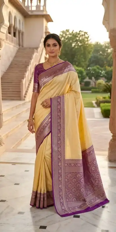 MB 6079 Cream Soft Banarasi Silk Saree with Zari Work & Moti Work. Introductory Price ₹1949. Delivery 4-6 Working Days. Shop now. | Sarees, Bollywood Sarees, Creative Sarees, Designer Sarees, Embroidered Sarees, Ethnic Saree, Modern Digital sarees, Party Wear Sarees