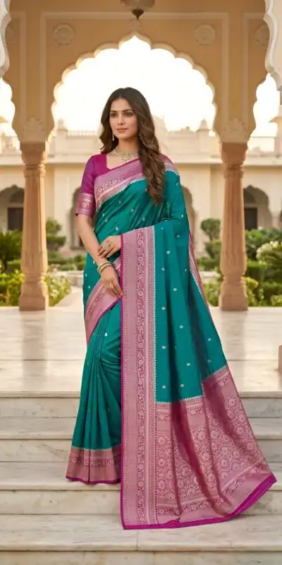MB 6079 Firozi Soft Banarasi Silk Saree with Zari Work & Moti Work. Introductory Price ₹1949. Delivery 4-6 Working Days. Shop now. | Sarees, Bollywood Sarees, Creative Sarees, Designer Sarees, Embroidered Sarees, Ethnic Saree, Modern Digital sarees, Party Wear Sarees