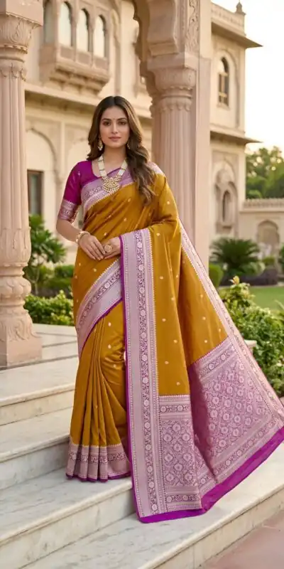MB 6079 Mustered Soft Banarasi Silk Saree with Zari Work & Moti Work. Introductory Price ₹1949. Delivery 4-6 Working Days. Shop now. | Sarees, Bollywood Sarees, Creative Sarees, Designer Sarees, Embroidered Sarees, Ethnic Saree, Modern Digital sarees, Party Wear Sarees