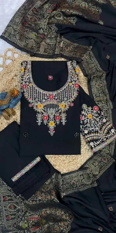 DIVA 125 | Black Roman Silk Salwar Suit with Sequins Work & Embroidery Work. Available at ₹1799 only. Delivery 4-6 Working Days. Shop now. | Jump Suits, Salwar suit, Casual Suits, Creative suits, Designer Suits, Palazzo Suits, Party Wear Suits, Patiala Suits, Straight Suits