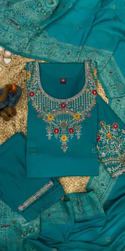 DIVA 125 | Firozi Roman Silk Salwar Suit with Sequins Work & Embroidery Work. Available at ₹1799 only. Delivery 4-6 Working Days. Shop now. | Jump Suits, Salwar suit, Casual Suits, Creative suits, Designer Suits, Palazzo Suits, Party Wear Suits, Patiala Suits, Straight Suits