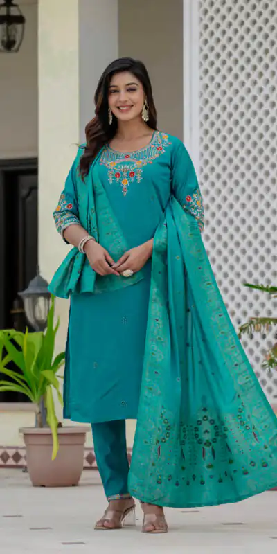 DIVA 125 | Firozi Roman Silk Salwar Suit with Sequins Work & Embroidery Work. Available at ₹1799 only. Delivery 4-6 Working Days. Shop now. | Jump Suits, Salwar suit, Casual Suits, Creative suits, Designer Suits, Palazzo Suits, Party Wear Suits, Patiala Suits, Straight Suits
