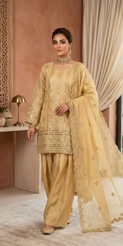 KD 1583 Golden | Golden Zimmy Silk Salwar Suit with Sequins Work. Special Price ₹1699. Delivery 4-6 Working Days. Shop now. | Jump Suits, Salwar suit, Casual Suits, Creative suits, Designer Suits, Palazzo Suits, Party Wear Suits, Patiala Suits, Straight Suits