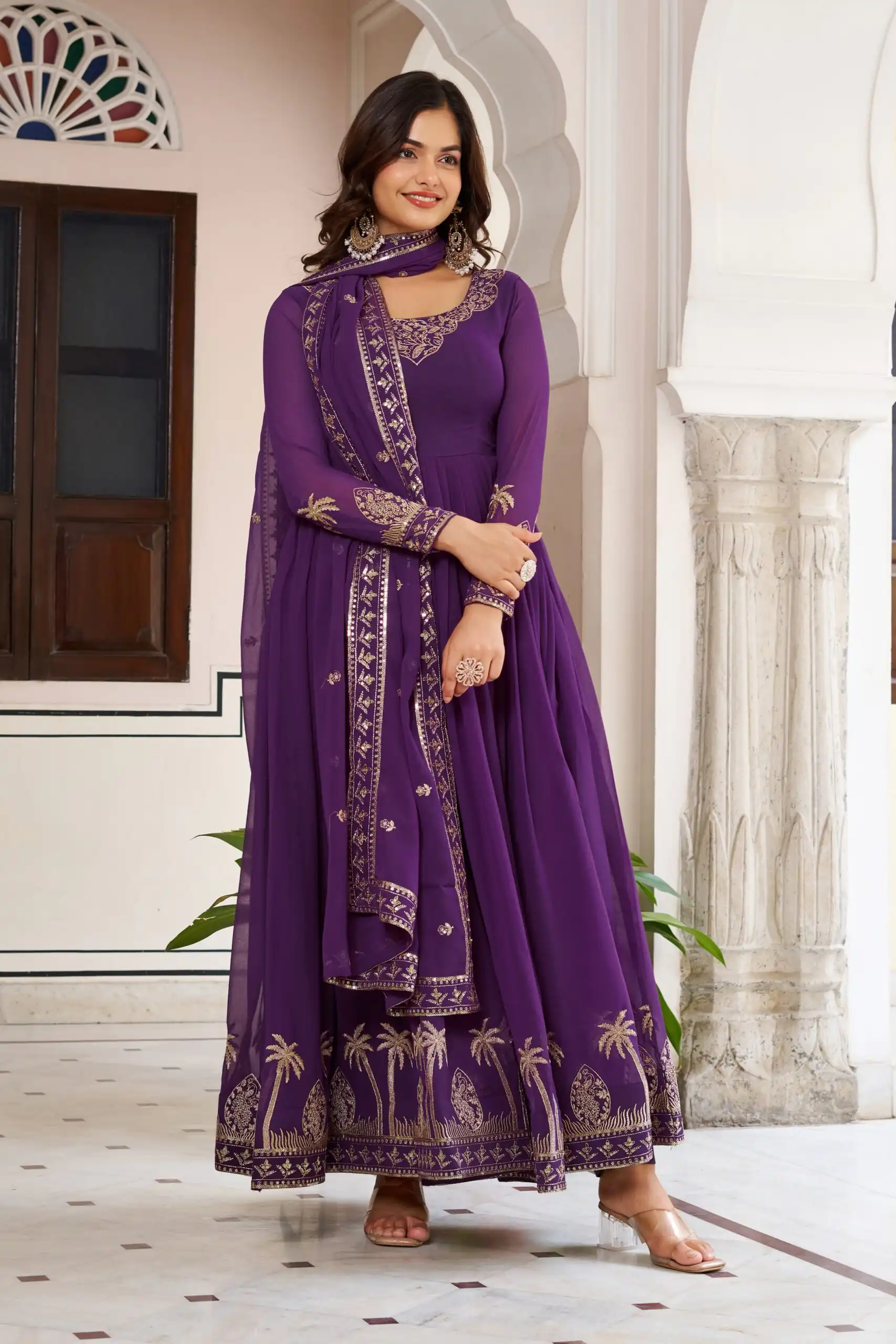 SP 31 Purple Faux Georgette Salwar Suit with Lace Work & Digital Print. Introductory Price ₹1999. Delivery 4-6 Working Days. Shop now. | Anarkali Suits, Bollywood Anarkali, Creative-Anarkali, Designer Anarkali, Embroidered Anarkali, Party Wear Anarkali, Salwar suit