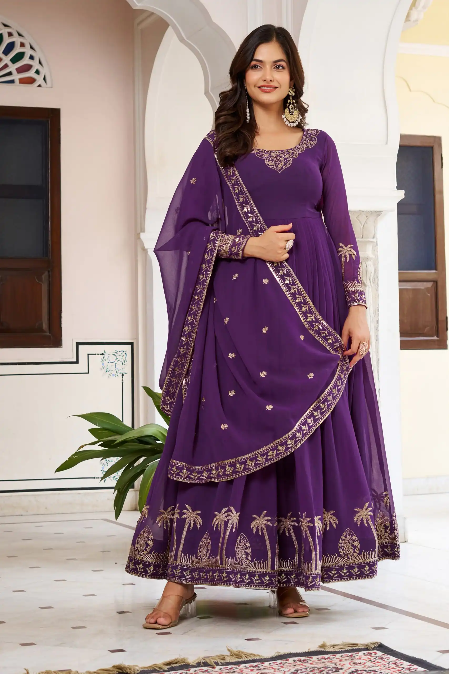SP 31 Purple Faux Georgette Salwar Suit with Lace Work & Digital Print. Introductory Price ₹1999. Delivery 4-6 Working Days. Shop now. | Anarkali Suits, Bollywood Anarkali, Creative-Anarkali, Designer Anarkali, Embroidered Anarkali, Party Wear Anarkali, Salwar suit