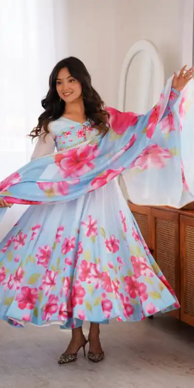 KB 308 Sky Blue Sky Blue Organza Silk Salwar Sui Perfect for Wedding, Party, Housewarming, Ganesh Chaturthi, Reception – t. Affordable Price ₹1999. Delivery | Anarkali Suits, Bollywood Anarkali, Creative-Anarkali, Designer Anarkali, Embroidered Anarkali, Party Wear Anarkali