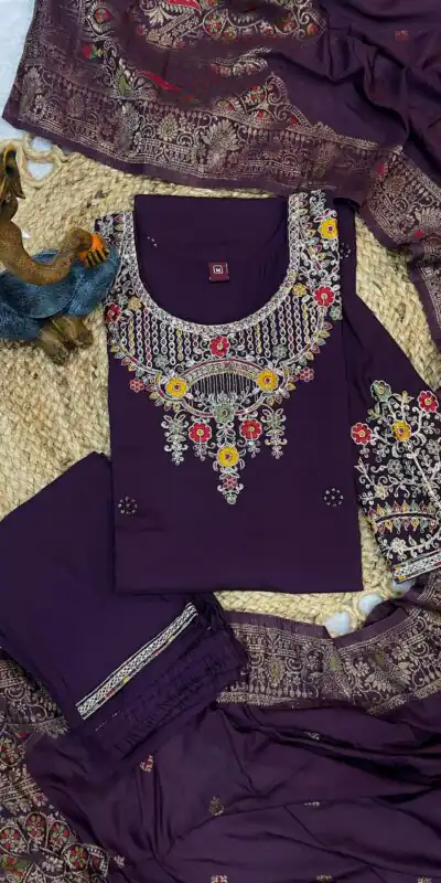 DIVA 125 | Wine Roman Silk Salwar Suit with Sequins Work & Embroidery Work. Available at ₹1799 only. Delivery 4-6 Working Days. Shop now. | Jump Suits, Salwar suit, Casual Suits, Creative suits, Designer Suits, Palazzo Suits, Party Wear Suits, Patiala Suits, Straight Suits