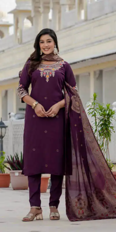DIVA 125 | Wine Roman Silk Salwar Suit with Sequins Work & Embroidery Work. Available at ₹1799 only. Delivery 4-6 Working Days. Shop now. | Jump Suits, Salwar suit, Casual Suits, Creative suits, Designer Suits, Palazzo Suits, Party Wear Suits, Patiala Suits, Straight Suits