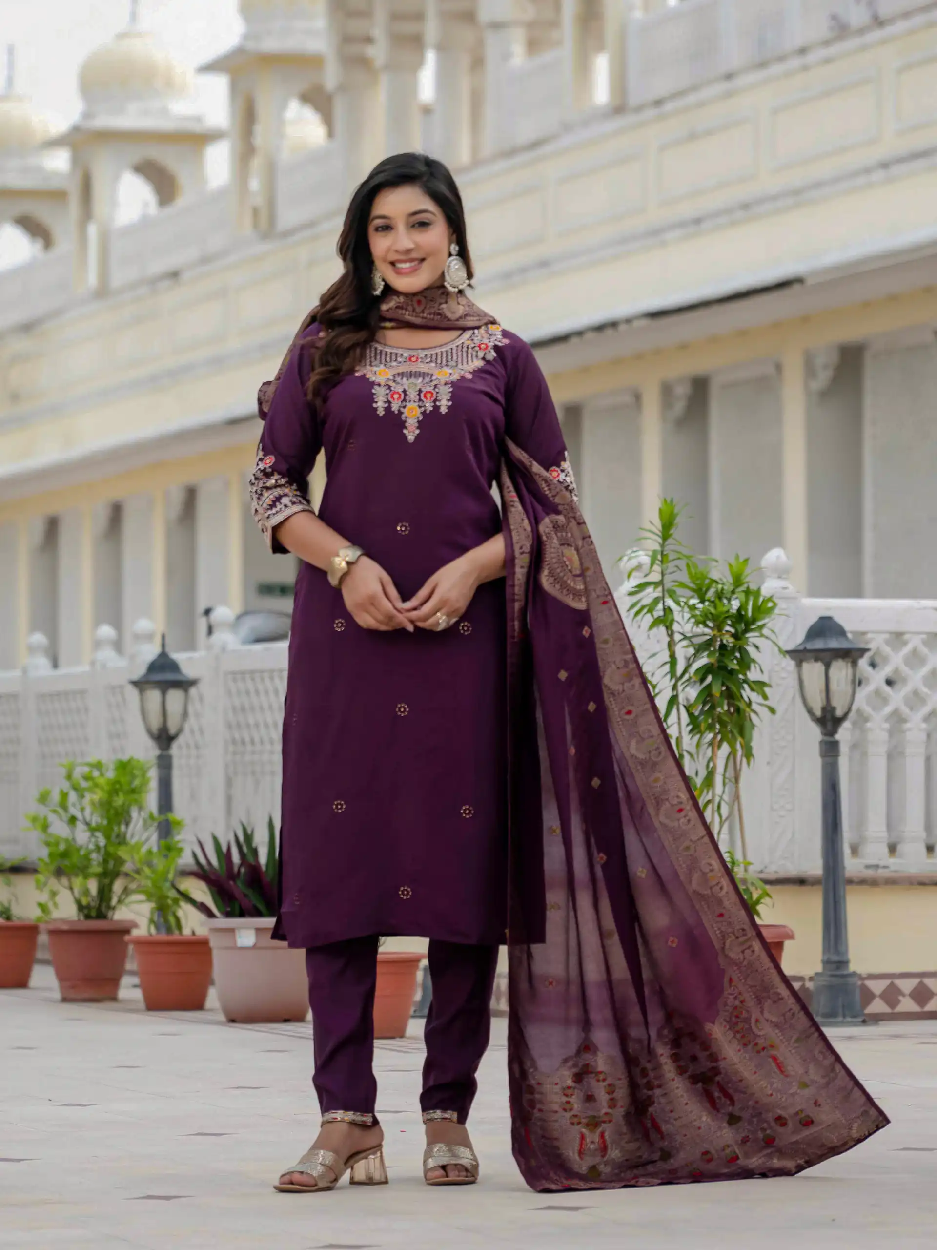 DIVA 125 | Wine Roman Silk Salwar Suit with Sequins Work & Embroidery Work. Available at ₹1799 only. Delivery 4-6 Working Days. Shop now. | Jump Suits, Salwar suit, Casual Suits, Creative suits, Designer Suits, Palazzo Suits, Party Wear Suits, Patiala Suits, Straight Suits