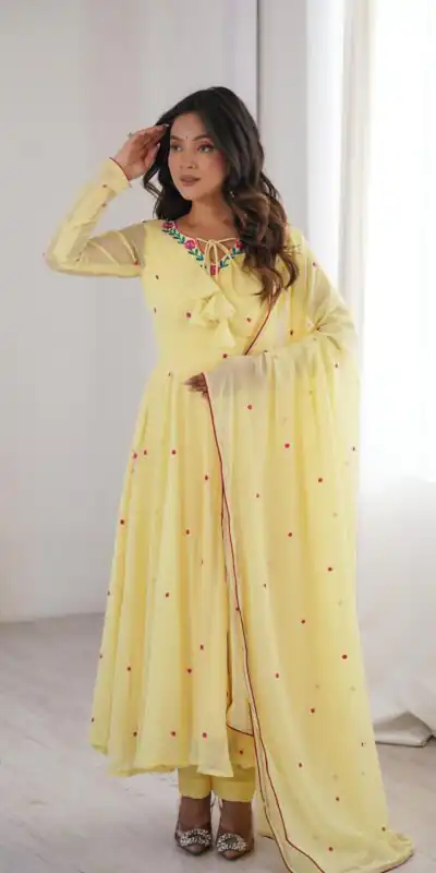 SP 82 Yellow in Heavy Faux Georgette Embroidery Work Salwar Suit . Introductory Price ₹1999. Delivery 4-6 Working Days. Shop now. | Anarkali Suits, Bollywood Anarkali, Creative-Anarkali, Designer Anarkali, Embroidered Anarkali, Party Wear Anarkali