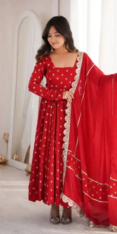 MF 534 Red Zari Work & Embroidery Work Salwar Suit in Red Chinon Silk. Grab it for ₹2499. Delivery 4-6 Working Days. Shop now. | Anarkali Suits, Bollywood Anarkali, Creative-Anarkali, Designer Anarkali, Embroidered Anarkali, Party Wear Anarkali, Salwar suit