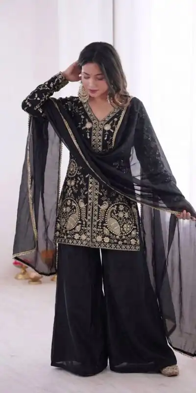 JF 043 Black Pure Fendy Silk Salwar Suitwith Embroidery Work & Sequins Work. Exclusive Offer ₹1940. Delivery 4-6 Working Days. Shop now. | Jump Suits, Salwar suit, Casual Suits, Creative suits, Designer Suits, Palazzo Suits, Party Wear Suits, Patiala Suits, Straight Suits