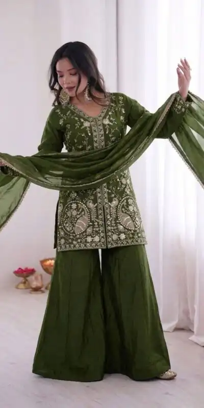 JF 043 Green Pure Fendy Silk Salwar Suitwith Embroidery Work & Sequins Work. Exclusive Offer ₹1940. Delivery 4-6 Working Days. Shop now. | Jump Suits, Salwar suit, Casual Suits, Creative suits, Designer Suits, Palazzo Suits, Party Wear Suits, Patiala Suits, Straight Suits