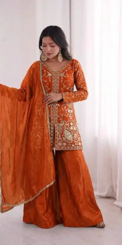JF 043 Orange Pure Fendy Silk Salwar Suitwith Embroidery Work & Sequins Work. Exclusive Offer ₹1940. Delivery 4-6 Working Days. Shop now. | Jump Suits, Salwar suit, Casual Suits, Creative suits, Designer Suits, Palazzo Suits, Party Wear Suits, Patiala Suits, Straight Suits