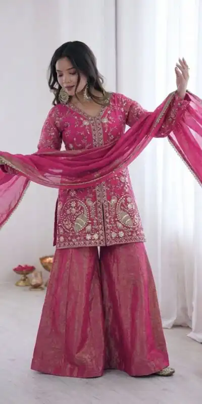JF 043 Rani Pink Pure Fendy Silk Salwar Suitwith Embroidery Work & Sequins Work. Exclusive Offer ₹1940. Delivery 4-6 Working Days. Shop now. | Jump Suits, Salwar suit, Casual Suits, Creative suits, Designer Suits, Palazzo Suits, Party Wear Suits, Patiala Suits, Straight Suits