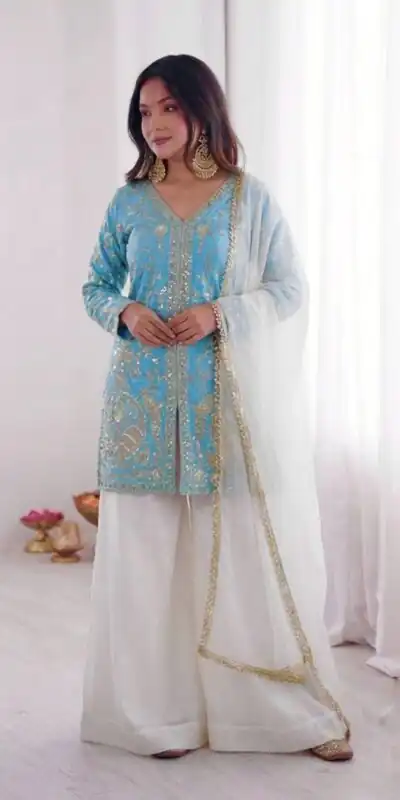 JF 043 Sky Blue Pure Fendy Silk Salwar Suitwith Embroidery Work & Sequins Work. Exclusive Offer ₹1940. Delivery 4-6 Working Days. Shop now. | Jump Suits, Salwar suit, Casual Suits, Creative suits, Designer Suits, Palazzo Suits, Party Wear Suits, Patiala Suits, Straight Suits
