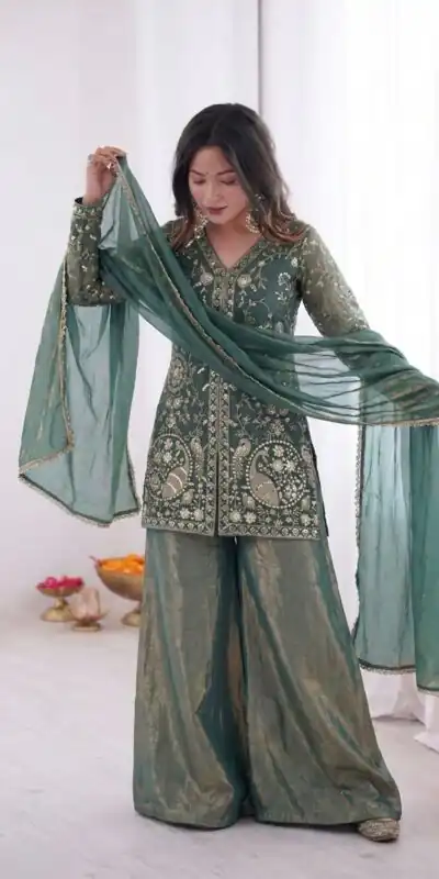 JF 043 Teal Pure Fendy Silk Salwar Suitwith Embroidery Work & Sequins Work. Exclusive Offer ₹1940. Delivery 4-6 Working Days. Shop now. | Jump Suits, Salwar suit, Casual Suits, Creative suits, Designer Suits, Palazzo Suits, Party Wear Suits, Patiala Suits, Straight Suits