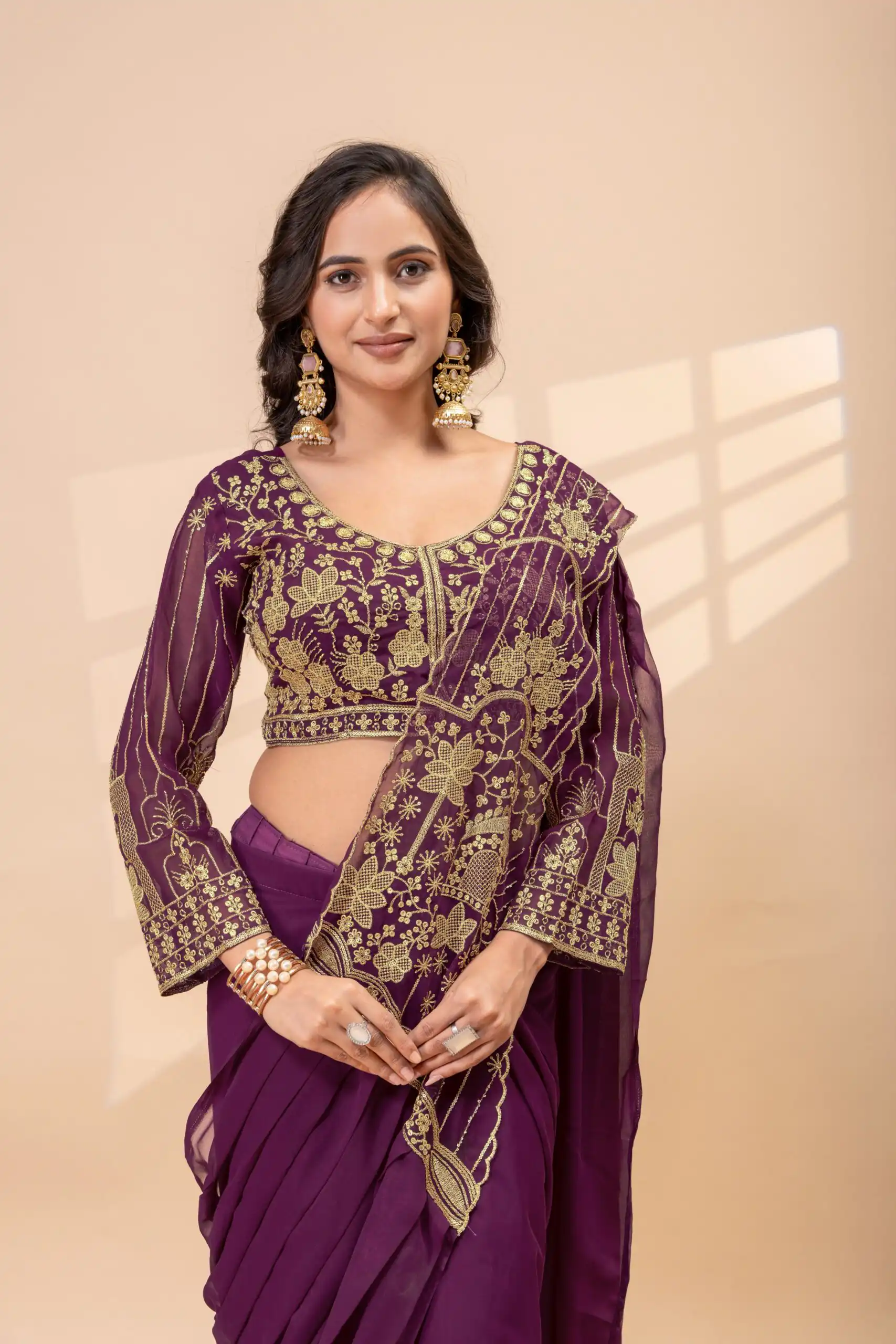 ST 1172 Wine Faux Georgette Saree with Embroidery Work & Bead Work. Now at just ₹1849. Delivery 4-6 Working Days. Shop now. | Sarees, Bollywood Sarees, Creative Sarees, Designer Sarees, Embroidered Sarees, Ethnic Saree, Modern Digital sarees, Party Wear Sarees