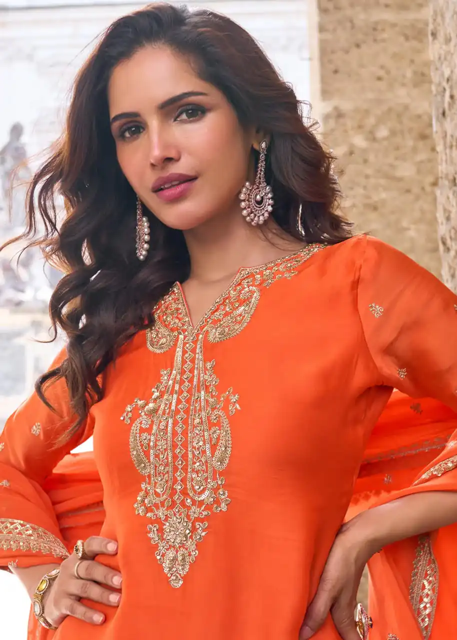 ZC KIARA Orange Chinon Silk Salwar Suit with Embroidery Work & Sequins Work. Grab it for ₹2399. Delivery 4-6 Working Days. Shop now. | Jump Suits, Salwar suit, Casual Suits, Creative suits, Designer Suits, Palazzo Suits, Party Wear Suits, Patiala Suits, Straight Suits