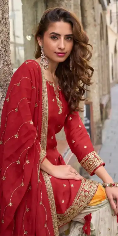 ZC KIARA Red Chinon Silk Salwar Suit with Embroidery Work & Sequins Work. Grab it for ₹2399. Delivery 4-6 Working Days. Shop now. | Jump Suits, Salwar suit, Casual Suits, Creative suits, Designer Suits, Palazzo Suits, Party Wear Suits, Patiala Suits, Straight Suits