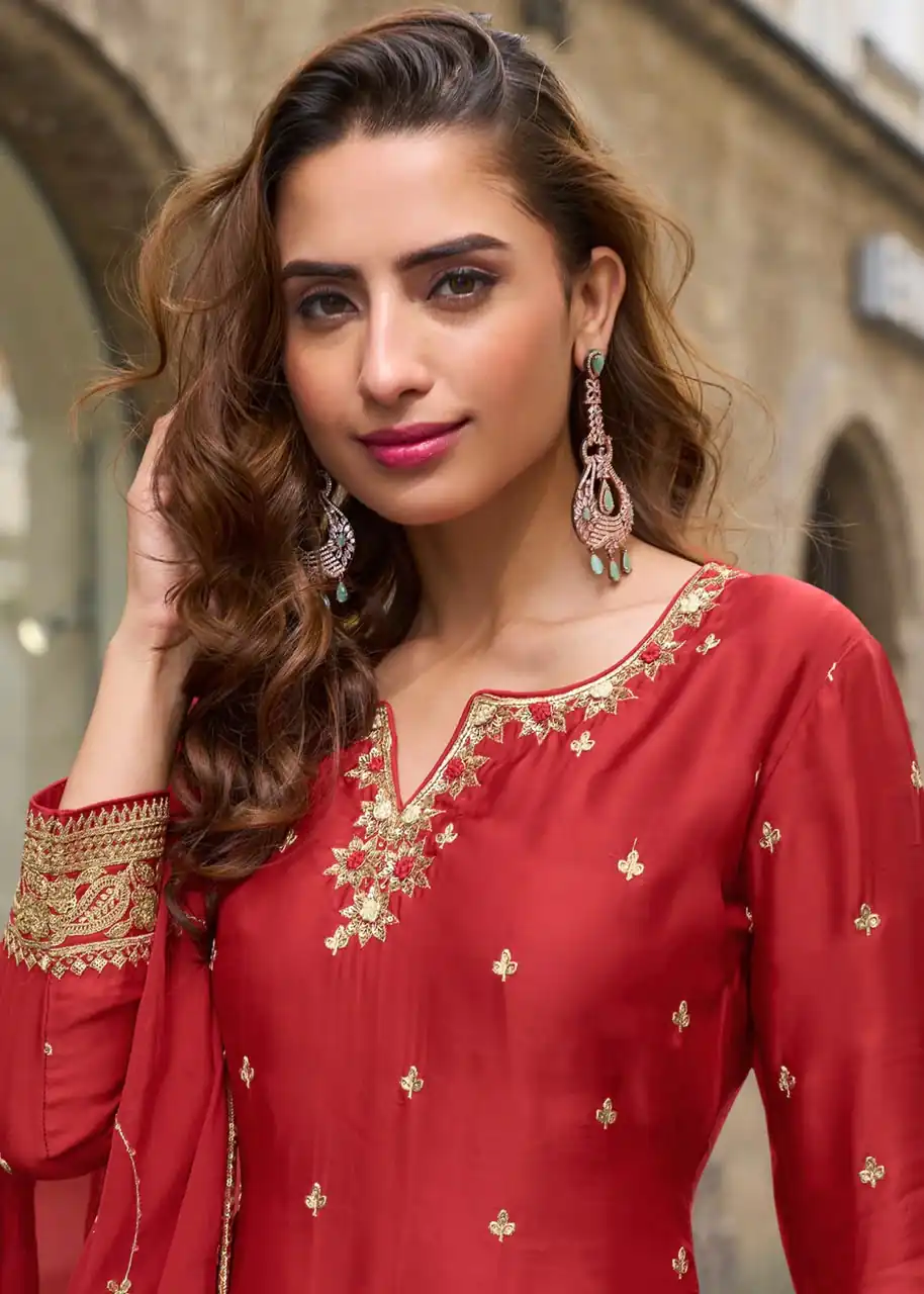 ZC KIARA Red Chinon Silk Salwar Suit with Embroidery Work & Sequins Work. Grab it for ₹2399. Delivery 4-6 Working Days. Shop now. | Jump Suits, Salwar suit, Casual Suits, Creative suits, Designer Suits, Palazzo Suits, Party Wear Suits, Patiala Suits, Straight Suits