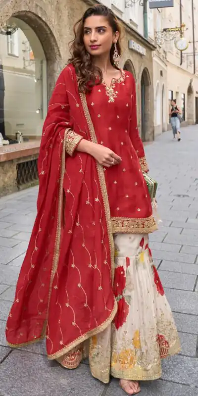ZC KIARA Red Chinon Silk Salwar Suit with Embroidery Work & Sequins Work. Grab it for ₹2399. Delivery 4-6 Working Days. Shop now. | Jump Suits, Salwar suit, Casual Suits, Creative suits, Designer Suits, Palazzo Suits, Party Wear Suits, Patiala Suits, Straight Suits