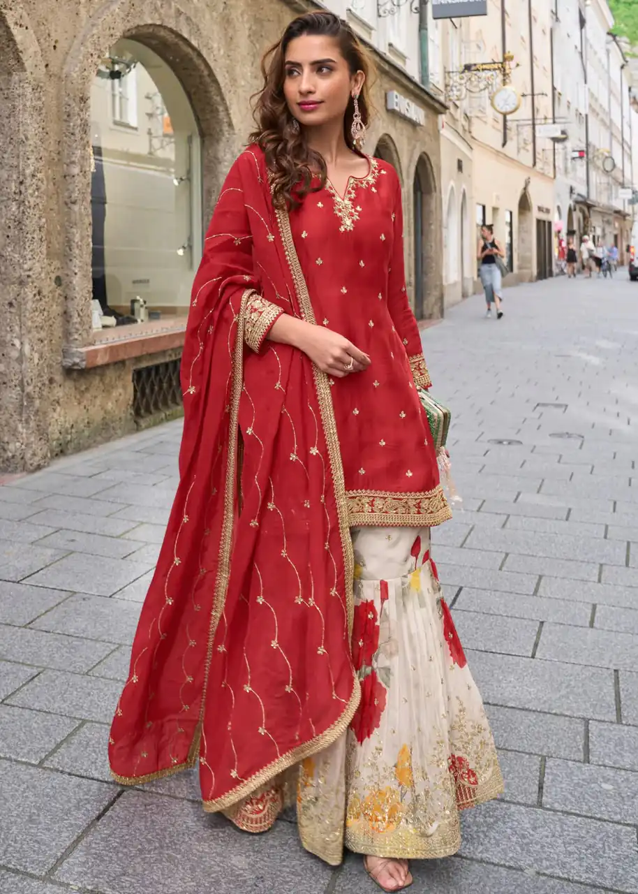 ZC KIARA Red Chinon Silk Salwar Suit with Embroidery Work & Sequins Work. Grab it for ₹2399. Delivery 4-6 Working Days. Shop now. | Jump Suits, Salwar suit, Casual Suits, Creative suits, Designer Suits, Palazzo Suits, Party Wear Suits, Patiala Suits, Straight Suits
