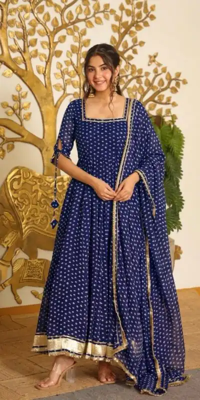 AD 239 Navy Blue in Colour Faux Georgette Bandhani Print Work Gown. Available at ₹1999 only. Delivery 4-6 Working Days. Shop now. | Gowns, Bollywood Gowns, Creative Gowns, Designer Gowns, Embroidered Gowns, Party Wear Gowns