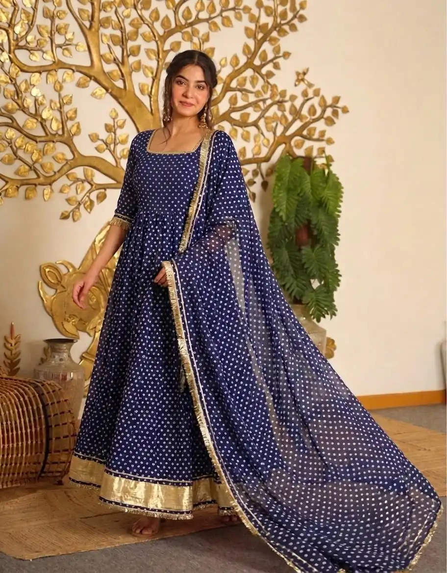 AD 239 Navy Blue in Colour Faux Georgette Bandhani Print Work Gown. Available at ₹1999 only. Delivery 4-6 Working Days. Shop now. | Gowns, Bollywood Gowns, Creative Gowns, Designer Gowns, Embroidered Gowns, Party Wear Gowns