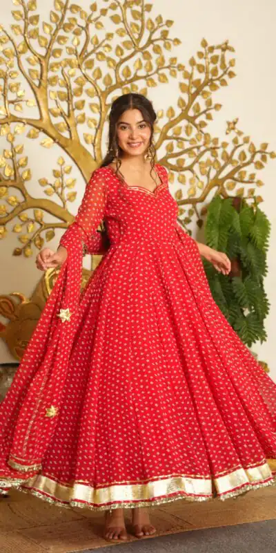AD 239 Red in Colour Faux Georgette Bandhani Print Work Gown. Available at ₹1999 only. Delivery 4-6 Working Days. Shop now. | Gowns, Bollywood Gowns, Creative Gowns, Designer Gowns, Embroidered Gowns, Party Wear Gowns