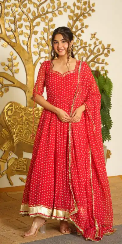AD 239 Red in Colour Faux Georgette Bandhani Print Work Gown. Available at ₹1999 only. Delivery 4-6 Working Days. Shop now. | Gowns, Bollywood Gowns, Creative Gowns, Designer Gowns, Embroidered Gowns, Party Wear Gowns