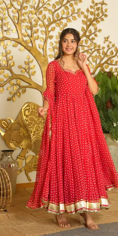 AD 239 Red in Colour Faux Georgette Bandhani Print Work Gown. Available at ₹1999 only. Delivery 4-6 Working Days. Shop now. | Gowns, Bollywood Gowns, Creative Gowns, Designer Gowns, Embroidered Gowns, Party Wear Gowns