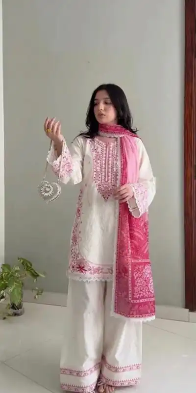AD 233 White in White Satin Rayon Digital Print & Embroidery Work Salwar Suit . Festive Deal ₹2449. Delivery 4-6 Working Days. Shop now. | Jump Suits, Salwar suit, Casual Suits, Creative suits, Designer Suits, Palazzo Suits, Party Wear Suits, Patiala Suits, Straight Suits