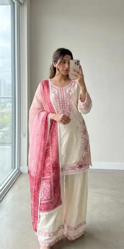 AD 233 White in White Satin Rayon Digital Print & Embroidery Work Salwar Suit . Festive Deal ₹2449. Delivery 4-6 Working Days. Shop now. | Jump Suits, Salwar suit, Casual Suits, Creative suits, Designer Suits, Palazzo Suits, Party Wear Suits, Patiala Suits, Straight Suits