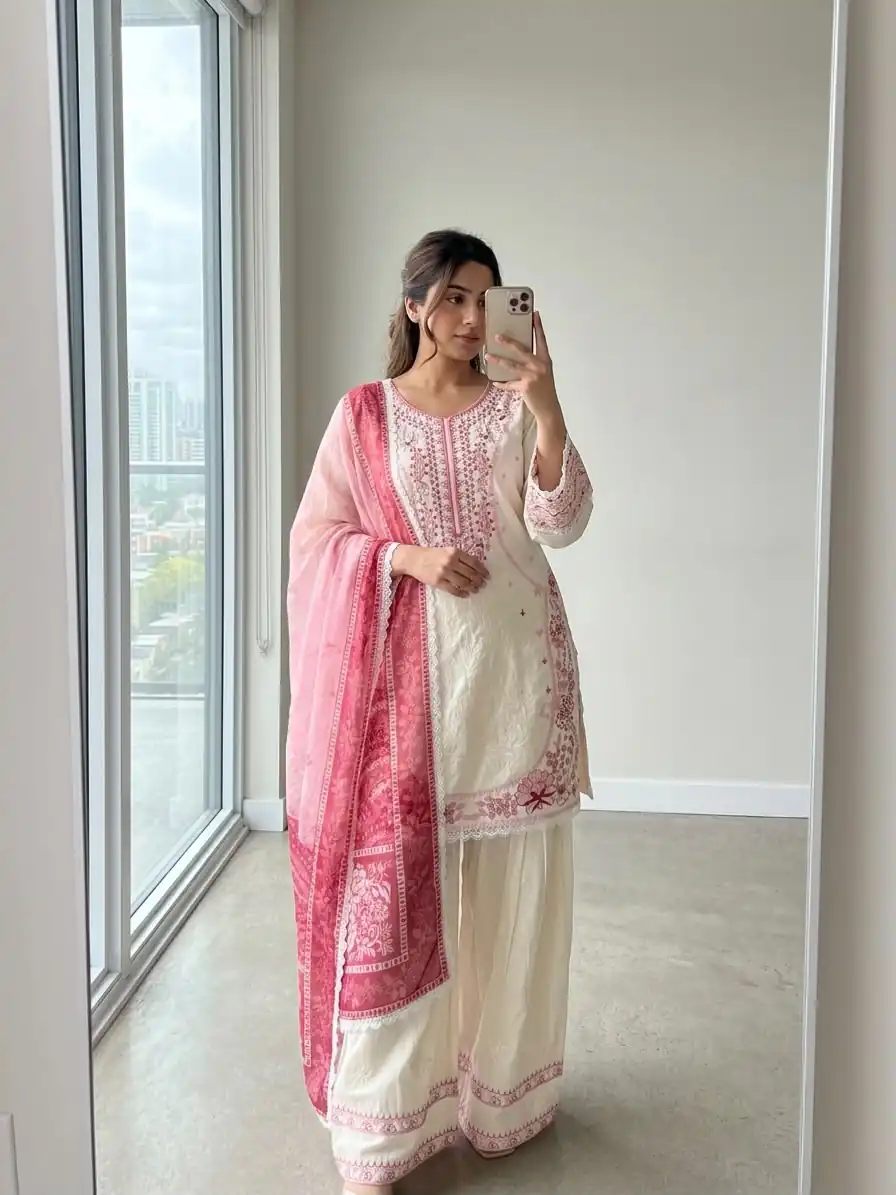AD 233 White in White Satin Rayon Digital Print & Embroidery Work Salwar Suit . Festive Deal ₹2449. Delivery 4-6 Working Days. Shop now. | Jump Suits, Salwar suit, Casual Suits, Creative suits, Designer Suits, Palazzo Suits, Party Wear Suits, Patiala Suits, Straight Suits