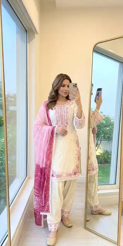 AD 233 White in White Satin Rayon Digital Print & Embroidery Work Salwar Suit . Festive Deal ₹2449. Delivery 4-6 Working Days. Shop now. | Jump Suits, Salwar suit, Casual Suits, Creative suits, Designer Suits, Palazzo Suits, Party Wear Suits, Patiala Suits, Straight Suits