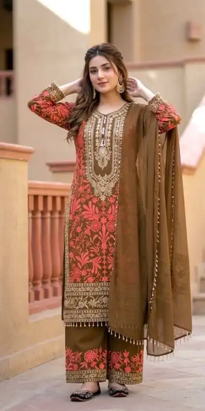 KF 1729 Brown Diamond Georgette Salwar Suit with Sequins Work & Embroidery Work. Introductory Price ₹2399. Delivery 4-6 Working Days. Shop now. | Jump Suits, Salwar suit, Casual Suits, Creative suits, Designer Suits, Palazzo Suits, Party Wear Suits, Patiala Suits, Straight Suits